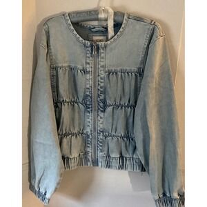 LOGO by Lori Goldstein Denim Jacket Womens Medium Light Wash Zip Shirred Blue